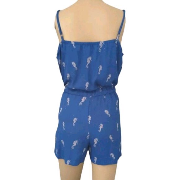 Seahorse Print Romper L Blue One Piece Ruffles Flowy Drawstring Tied Waist - Picture 4 of 16